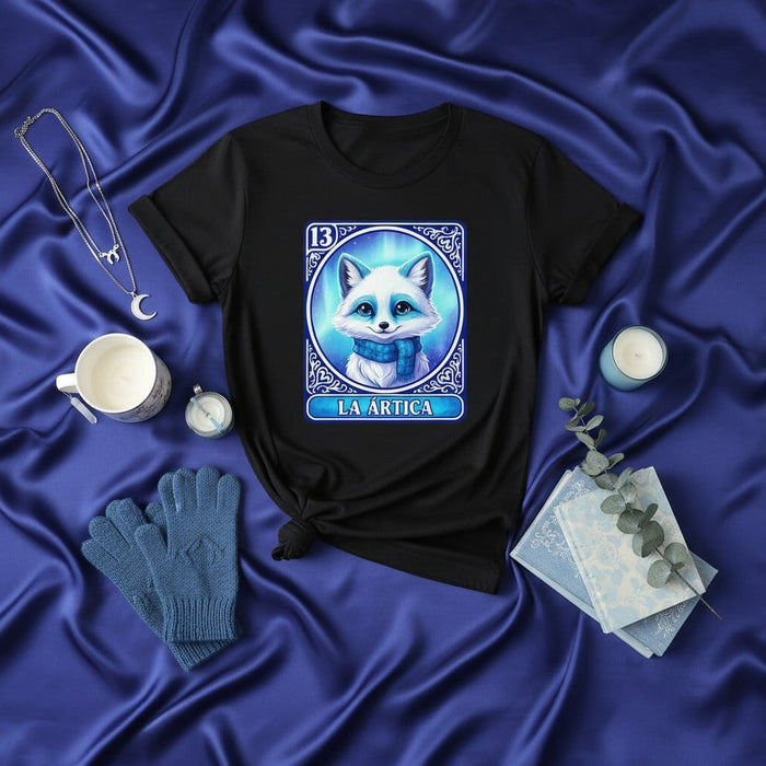 LA ÁRTICA Loteria Card T-Shirt, Arctic Fox Design, Cute Anime Style Kawaii Tee, Mexican Bingo Game Art, Celestial Moon Jewelry, Winter Blue Aesthetic, Unisex Black Graphic Shirt, Card Number 13, Unique Gift Idea Mexicada