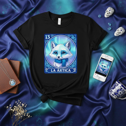 LA ÁRTICA Number 13 Arctic Fox T-Shirt with Aurora Borealis Design Unisex Blue Scarf Animal Art Tee Shirt Cute Winter Wildlife Graphic Mexicada