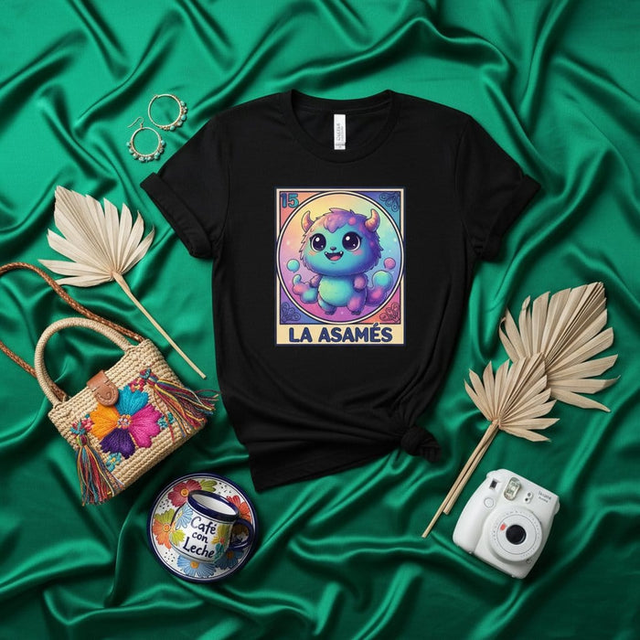 LA ASAMÉS Cute Blue Purple Monster La Lotería Card T-Shirt, Kawaii Cartoon Creature Tee, Unisex Mexican Bingo Game Style Graphic Shirt Mexicada