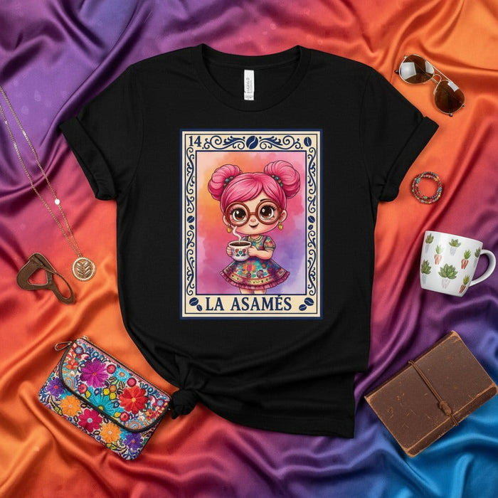 LA ASAMÉS Cute Pink Hair Girl Coffee Mug Loteria Card Design Unisex T-Shirt Gift for Coffee Lovers and Mexican Culture Fans Mexicada