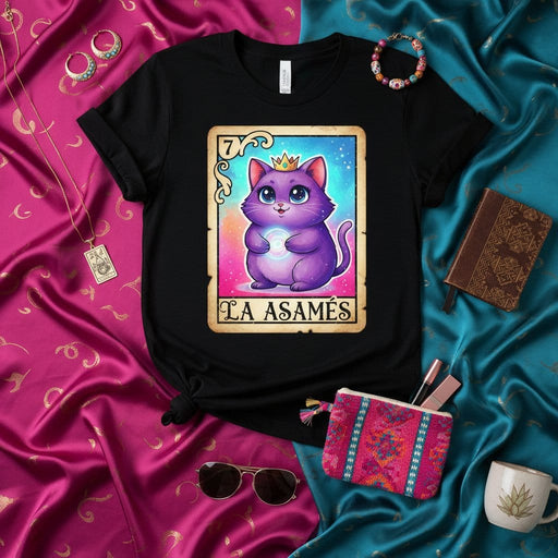 La Asamés Loteria Card Shirt, Cute Purple Cat Kitten King with Crown, Pastel Galaxy Background, Funny Spanish Game Art Unisex T-Shirt Tee Mexicada