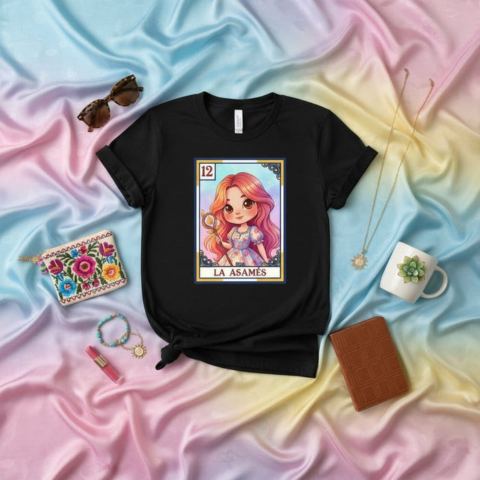 LA ASAMÉS Loteria Card T-Shirt, Cute Anime Girl Kawaii Art Graphic Tee, Mexican Bingo Game Inspired Unisex Shirt, Traditional Latin Culture Gift Apparel Mexicada