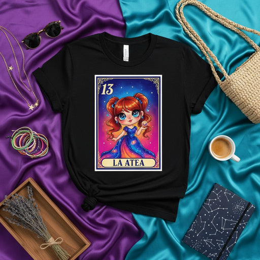 LA ATEA 13 Starry Night Goddess Loteria Card Unisex T-Shirt, Cute Redhead Girl in Blue Dress Graphic Tee, Mexican Bingo Inspired Pagan Witchy Apparel Gift Mexicada