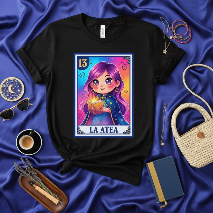 LA ATEA Cute Witchy Lotería Card 13 Unisex T-Shirt - Purple Hair Star Cape Tarot Magic Book Tee Shirt Gift for Atheist or Spiritual People Mexicada