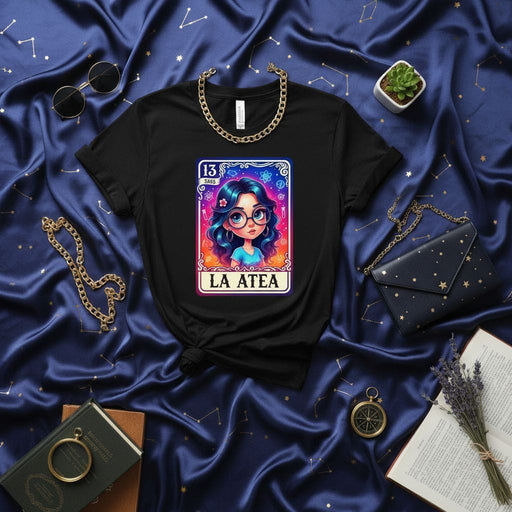 LA ATEA Lotería Card 13 Unisex T-Shirt - Cute Atheist Girl Graphic Tee, Mexican Bingo Inspired Design, Mystical Celestial Occult Style Apparel, Blue Hair Glasses, Unique Gift Idea Mexicada