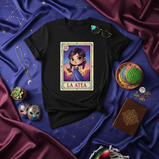 LA ATEA Loteria Card T-Shirt, Cute Cartoon Atheist Girl Design, Mexican Bingo Style Graphic Tee, Unisex Occult Fashion Apparel Mexicada