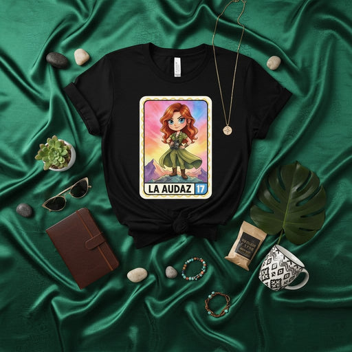 LA AUDAZ 17 Lotería Card T-Shirt: Fierce Redhead Warrior Pinup Girl Design, Cute Chibi Heroine Graphic Tee, Mexican Bingo Inspired Number Seventeen Unisex Shirt Mexicada