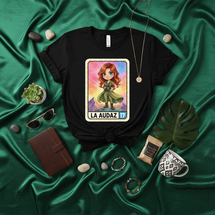 LA AUDAZ 17 Lotería Card T-Shirt: Fierce Redhead Warrior Pinup Girl Design, Cute Chibi Heroine Graphic Tee, Mexican Bingo Inspired Number Seventeen Unisex Shirt Mexicada