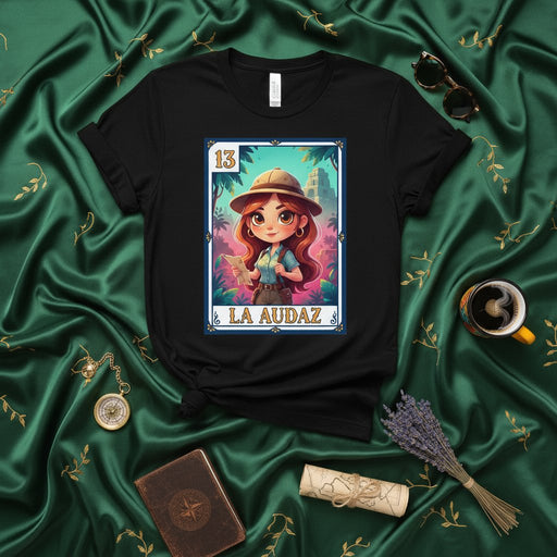 LA AUDAZ Adventurer T-Shirt, Cute Lotería Card 13 Design, Cartoon Explorer Girl with Safari Hat, Unisex Graphic Tee, Mexican Bingo Inspired Shirt for Travelers and History Lovers Mexicada