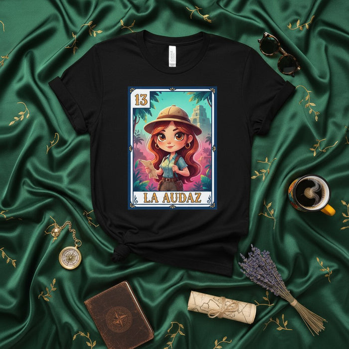 LA AUDAZ Adventurer T-Shirt, Cute Lotería Card 13 Design, Cartoon Explorer Girl with Safari Hat, Unisex Graphic Tee, Mexican Bingo Inspired Shirt for Travelers and History Lovers Mexicada