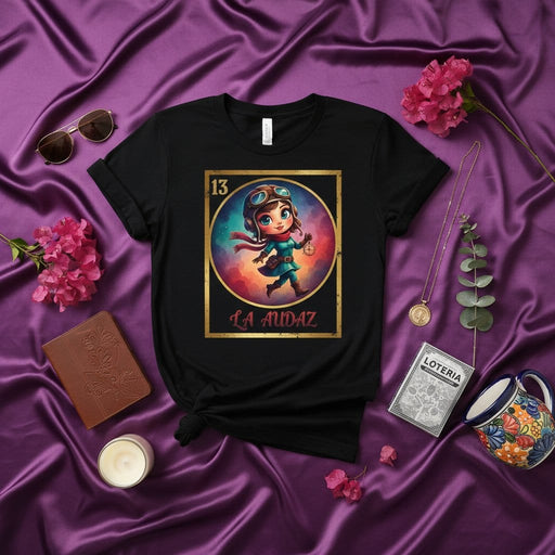 La Audaz Aviator Girl Loteria Card T-Shirt, Número 13 Cute Pilot Steam Punk Style Unisex Graphic Tee, Mexican Bingo Game Inspired Apparel Gift Idea Mexicada