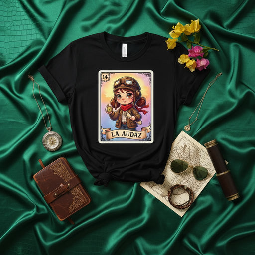 LA AUDAZ Cute Aviator Girl Loteria Card Unisex T-Shirt - Vintage Pilot Theme, Number 14, Bold Latina Design, Mexican Bingo Style Tee, Adventure Enthusiast Gift Mexicada