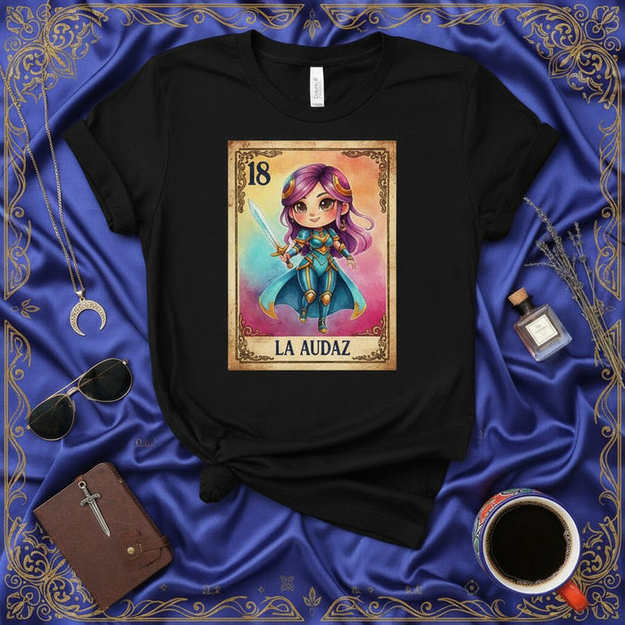 LA AUDAZ Cute Warrior Girl Loteria Card T-Shirt, Number 18 La Audaz Tarot Tee, Fantasy Sword Fighter Shirt, Hispanic Culture Gift, Unique Cartoon Anime Style Design, Unisex Graphic Top Mexicada
