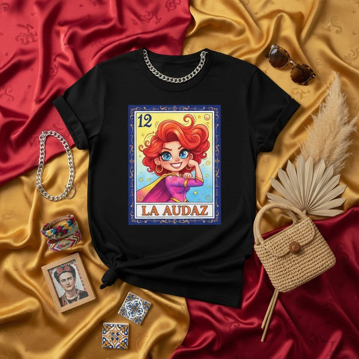 LA AUDAZ Fierce Redhead Superhero Loteria Card Graphic Tee Unisex Mexican Culture Game T-Shirt Gift for Women's Empowerment Latinx Art Style Apparel Mexicada