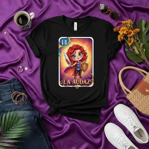 La Audaz Lotería Card T-Shirt: Brave Warrior Girl Graphic Tee, Number 14 Bold Cute Redhead Character Design, Unisex Mexican Bingo Game Inspired Apparel Gift Mexicada