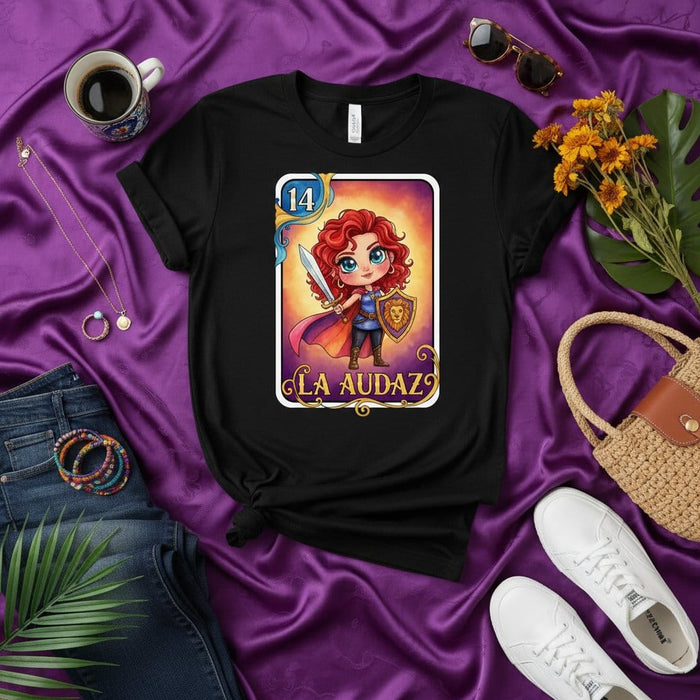 La Audaz Lotería Card T-Shirt: Brave Warrior Girl Graphic Tee, Number 14 Bold Cute Redhead Character Design, Unisex Mexican Bingo Game Inspired Apparel Gift Mexicada