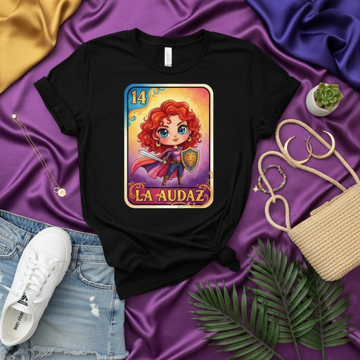LA AUDAZ Loteria Card T-Shirt, Brave Warrior Girl Graphic Tee, Number 14 La Audaz Spanish Card Shirt, Unique Mexico Inspired Culture Gift for Women & Teens Mexicada