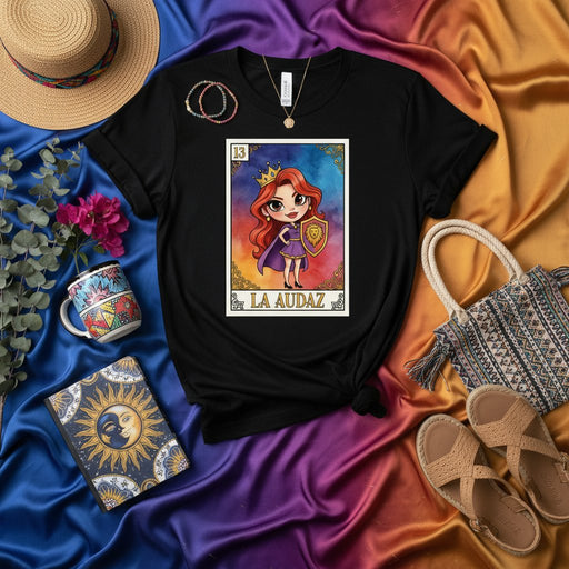 La Audaz Loteria Card T-Shirt, Cute Cartoon La Audaz Redhead Latina Girl Graphic Tee, Mexican Bingo Game Inspired Apparel, Brave Female Lion Shield Design, Unisex Shirt Gift Mexicada