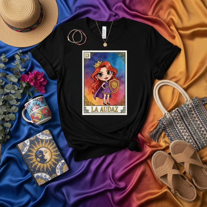 La Audaz Loteria Card T-Shirt, Cute Cartoon La Audaz Redhead Latina Girl Graphic Tee, Mexican Bingo Game Inspired Apparel, Brave Female Lion Shield Design, Unisex Shirt Gift Mexicada