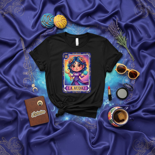 LA AUDAZ Loteria Card T-Shirt, Cute Mexican Bingo Game Style Design Tee, Number 18 La Valiente Shirt, Unique Gift for Her or Lucha Libre Fan Mexicada