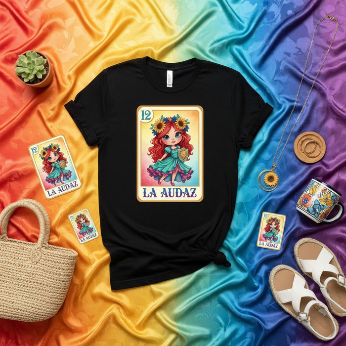 LA AUDAZ Loteria Card T-Shirt, Cute Redhead Girl with Sunflowers Graphic Tee, Mexican Bingo Inspired Design, Unique Unisex Folk Art Style Shirt Mexicada