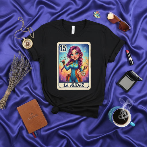 LA AUDAZ Loteria Card T-Shirt: Modern Chibi Style Character Number 15 Graphic Tee for Women, Bold Superhero Theme, Unisex Mexican Bingo Inspired Design, Gift for Latina, Vibrant Colors Mexicada