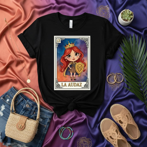 LA AUDAZ Loteria Card T-Shirt, Queen Warrior Shield Crown Design, Cute Mexican Bingo Game Graphic Tee, Number 13 Unisex Shirt for Women Men Mexicada