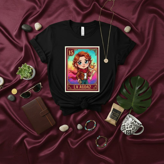 LA AUDAZ Loteria Card Unisex T-Shirt - Number 15 Mexican Bingo Art Tee, Cute Redhead Cartoon Graphic Shirt, Hispanic Culture Gift Idea for Women and Teens Mexicada