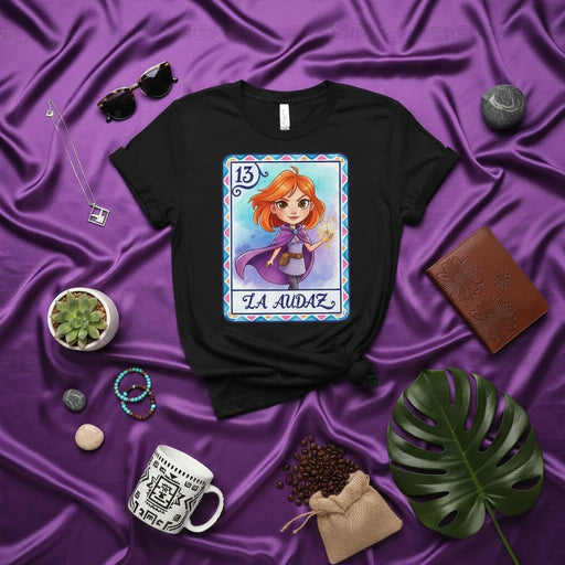 La Audaz Number 13 Lotería Card T-Shirt | Latina Girl Superhero Graphic Tee | Bold, Courageous, Brave Art Print Short Sleeve Unisex Shirt Gift Mexicada