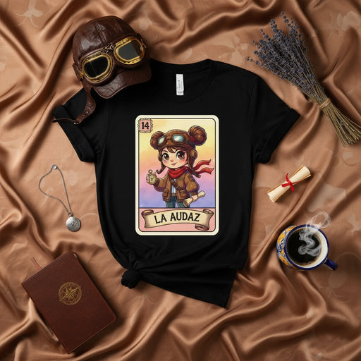 LA AUDAZ Pilot Girl Lotería Card T-Shirt Vintage Aviator Steampunk Style Graphic Tee Unisex Black Shirt with Goggles Compass Scroll Design Mexicada