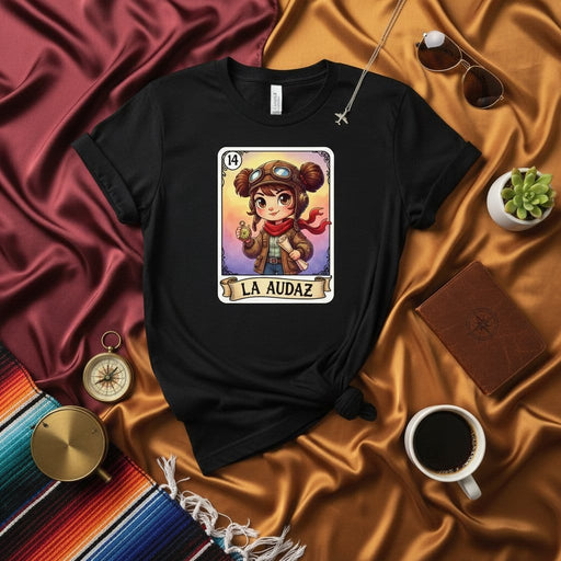 LA AUDAZ Pilot Loteria Card T-Shirt: Aviator Girl Design, Number 14, Vintage Mexican Bingo Style Unisex Tee Mexicada