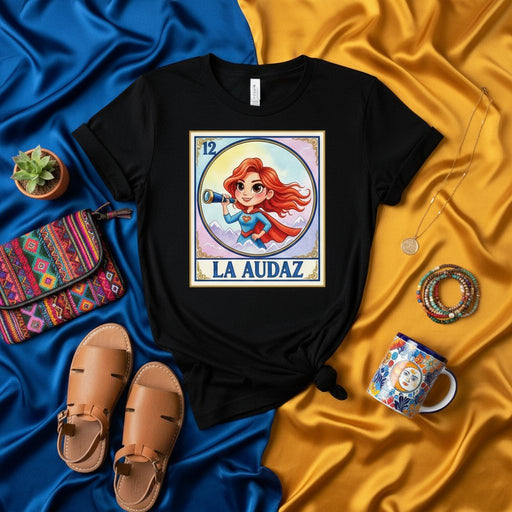 LA AUDAZ Superhero Woman Loteria Card T-Shirt, Mexican Bingo Game Inspired Design, Cute Redhead Female Character, Unique Cultural Graphic Tee Gift Mexicada