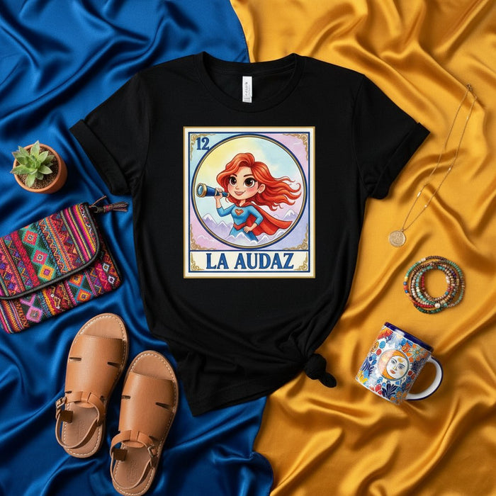 LA AUDAZ Superhero Woman Loteria Card T-Shirt, Mexican Bingo Game Inspired Design, Cute Redhead Female Character, Unique Cultural Graphic Tee Gift Mexicada