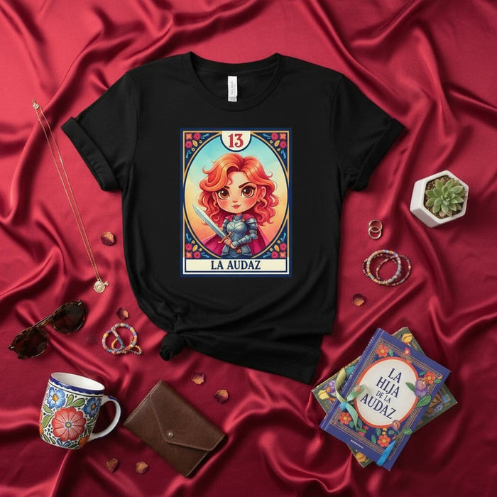 LA AUDAZ The Audacious Woman Warrior T-Shirt, Chibi Girl Knight Loteria Card 13, Redhead Sword Fighter Graphic Tee, Hispanic Culture Inspired Gift, Cute Fantasy Design Unisex Shirt Mexicada