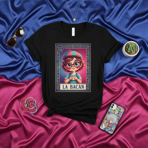 LA BACÁN Cute Kid with Glasses and Beret Loteria Card Unisex T-Shirt - Mexican Bingo Game Art Tee - Number 13 Latina Style Apparel Gift Mexicada