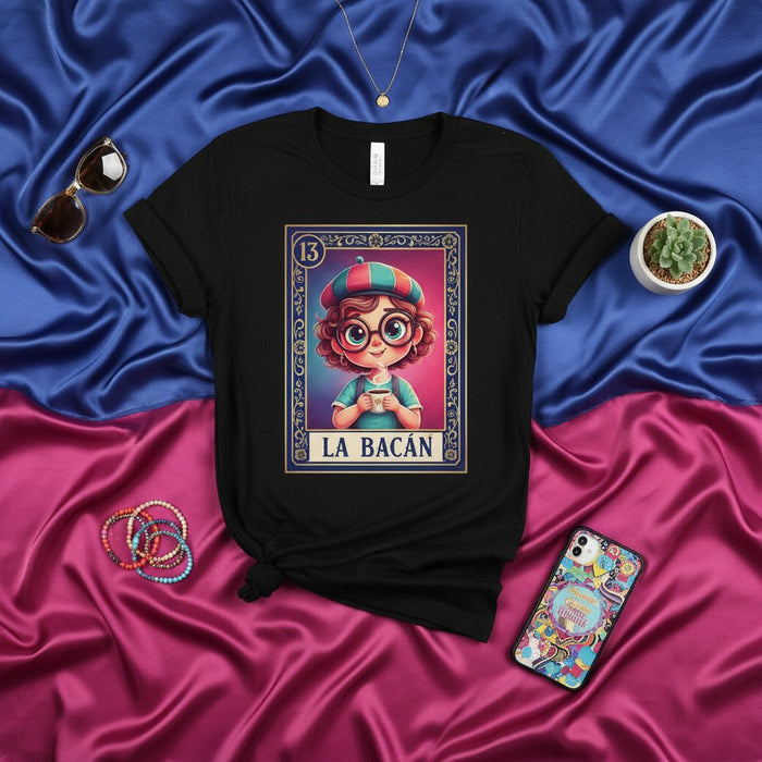LA BACÁN Cute Kid with Glasses and Beret Loteria Card Unisex T-Shirt - Mexican Bingo Game Art Tee - Number 13 Latina Style Apparel Gift Mexicada