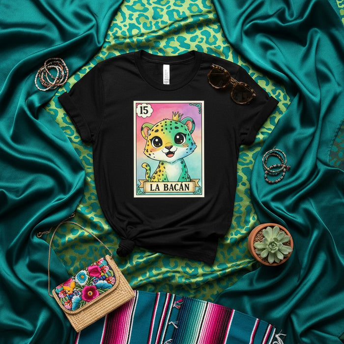 LA BACÁN Cute Watercolor Jaguar Cat Loteria Card T-Shirt Unisex Mexican Bingo Game Style Tee, Number 15 Kawaii Leopard Cub Graphic Print Shirt Gift Mexicada