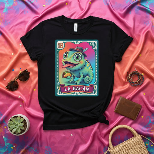 LA BACÁN Funny Chameleon Lizard with Taco Loteria Card Graphic Unisex T-Shirt - Number 18 Mexican Bingo Game Design Tee, Colorful Aesthetic Gift Mexicada