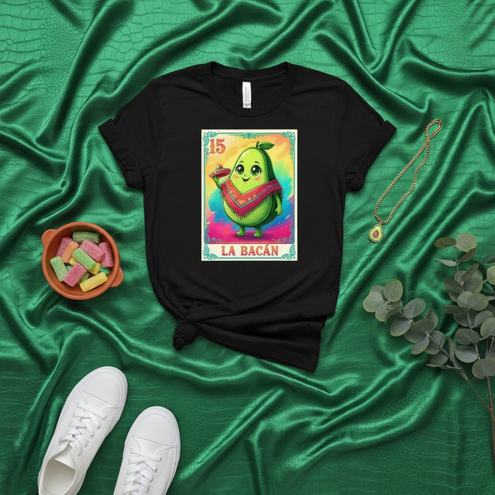 LA BACÁN Loteria Card Avocado T-Shirt, Cute Mexican Game Style Unisex Tee, Funny Kawaii Avocado Graphic Shirt, Number 15 Bingo Card Apparel Gift Mexicada