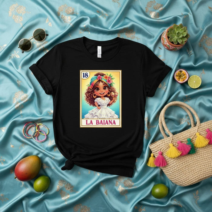 LA BAIANA 18 Loteria Card T-Shirt Cute Cartoon Girl in White Dress Mexican Bingo Game Fiesta Shirt Unisex Graphic Tee Mexicada