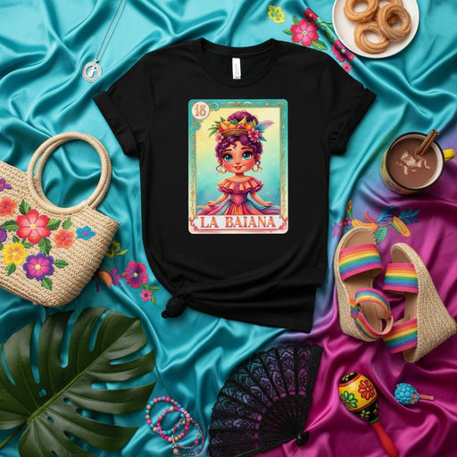 LA BAIANA Lotería Card T-Shirt: Brazilian Bahia Woman, Cute Afro-Latina Art, Carnival Theme Tee, Mexican Bingo Game Inspired, Unisex Graphic Shirt, Colorful Summer Vacation Top Mexicada