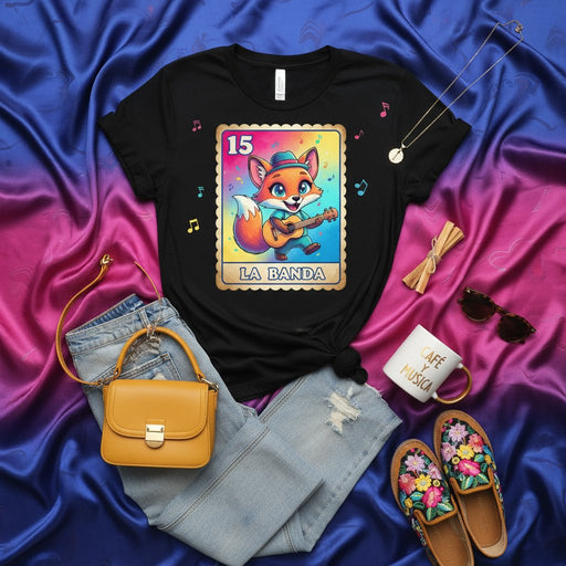 LA BANDA Cute Fox Playing Guitar Lotería Card T-Shirt, Número 15 Mexican Bingo Game Tee, Unisex Music Festival Concert Graphic Shirt, Gift for Musician Folk Art Style Mexicada