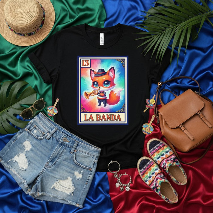 LA BANDA Cute Fox with Trumpet Loteria Card Unisex T-Shirt - Mexican Bingo Inspired Graphic Tee for Music Lovers and Festival Style, Number 13 Design Mexicada