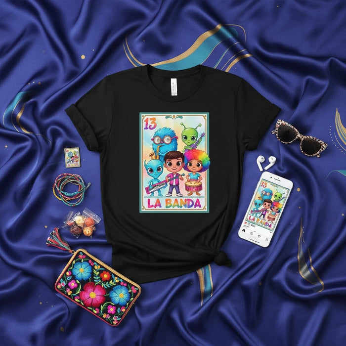 LA BANDA La Lotería Card T-Shirt with Cute Cartoon Aliens and Boy Playing Music, Mexican Bingo Game Design Unisex Graphic Tee, Number 13, Unique Gift Idea Mexicada