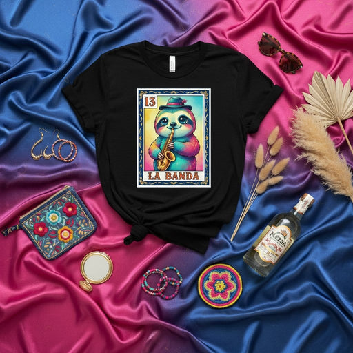 LA BANDA Loteria Card Sloth Playing Saxophone T-Shirt, Funny Mexican Bingo Game Art, Unisex Graphic Tee, Aesthetic Festival Concert Merch Mexicada