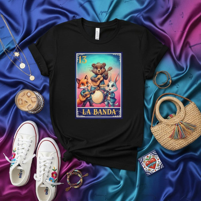 La Banda Loteria Card T-Shirt, Mexican Bingo Game Bear Fox Rabbit Animal Band Design, Unisex Graphic Tee, Number 13 Trece, Latinx Culture Gift Mexicada