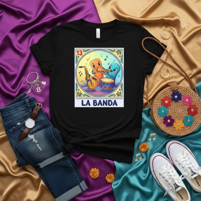 LA BANDA Lotería Card T-Shirt, Mexican Bingo Game Inspired Tee, Funny Cartoon Musical Instruments Saxophone Trumpet Drum Design, Unisex Graphic Print Shirt, Number 13 Mexicada