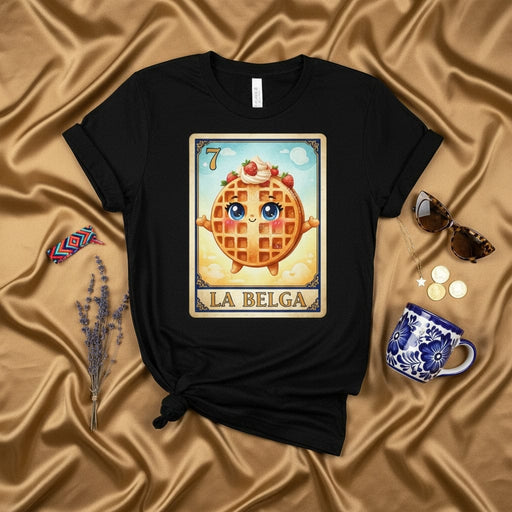 LA BELGA Cute Belgian Waffle La Lotería Card T-Shirt, Funny Food Character Graphic Tee, Unisex Mexico Bingo Game Style Shirt, Number 7 The Waffle Design Mexicada