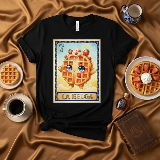 LA BELGA Cute Kawaii Waffle Loteria Card T-Shirt | Funny Belgian Waffle Pun Graphic Tee for Foodies and Gaming Fans Mexicada