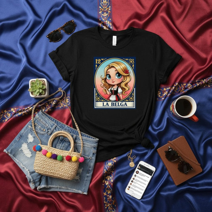 LA BELGA Loteria Card T-Shirt Cute Blonde Girl Cartoon Design Mexican Bingo Game Style Unisex Graphic Tee Apparel Mexicada